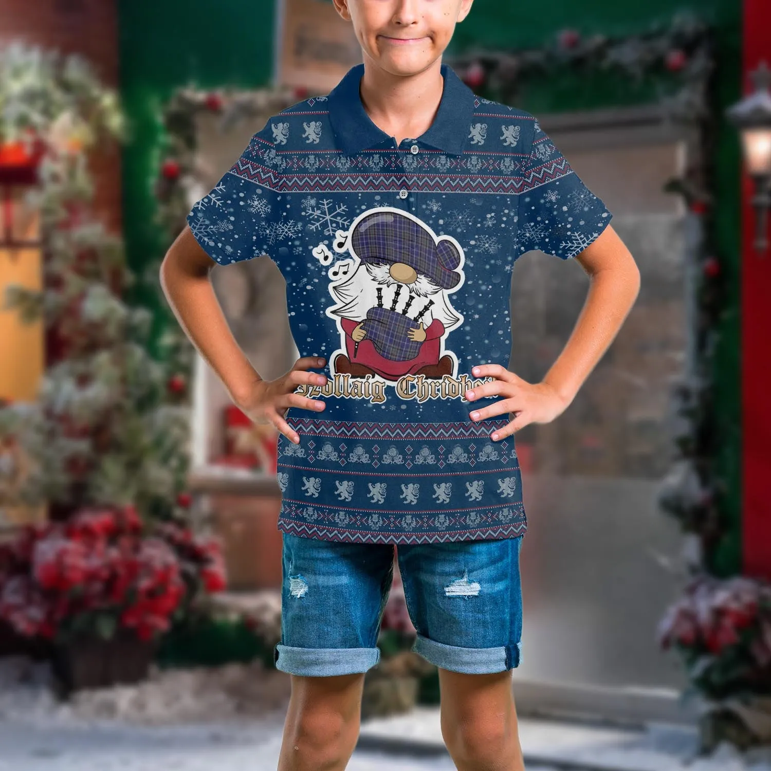 Alexander of Menstry Clan Christmas Family Polo Shirt with Funny Gnome Playing Bagpipes