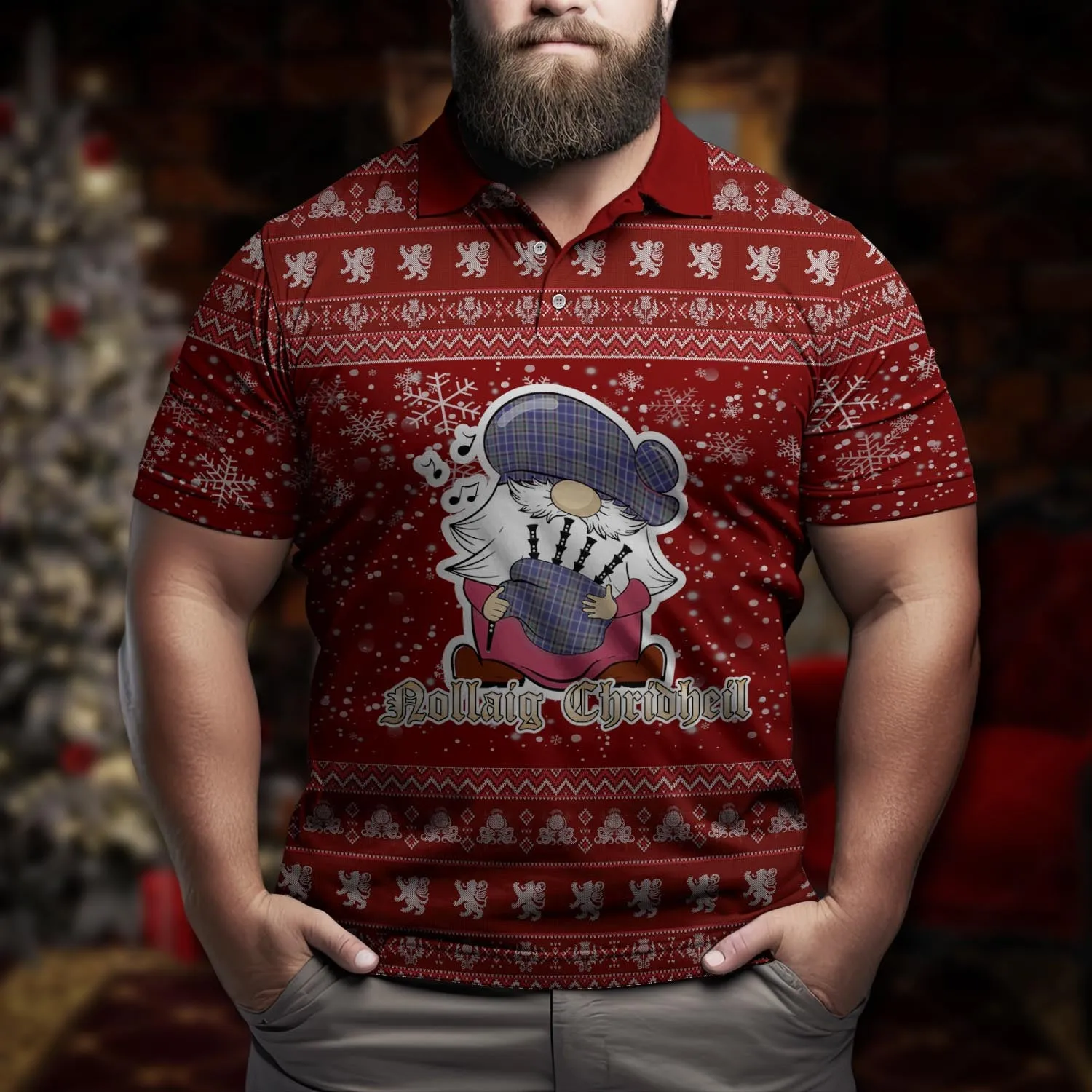 Alexander of Menstry Clan Christmas Family Polo Shirt with Funny Gnome Playing Bagpipes