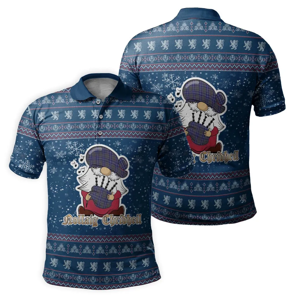 Alexander of Menstry Clan Christmas Family Polo Shirt with Funny Gnome Playing Bagpipes