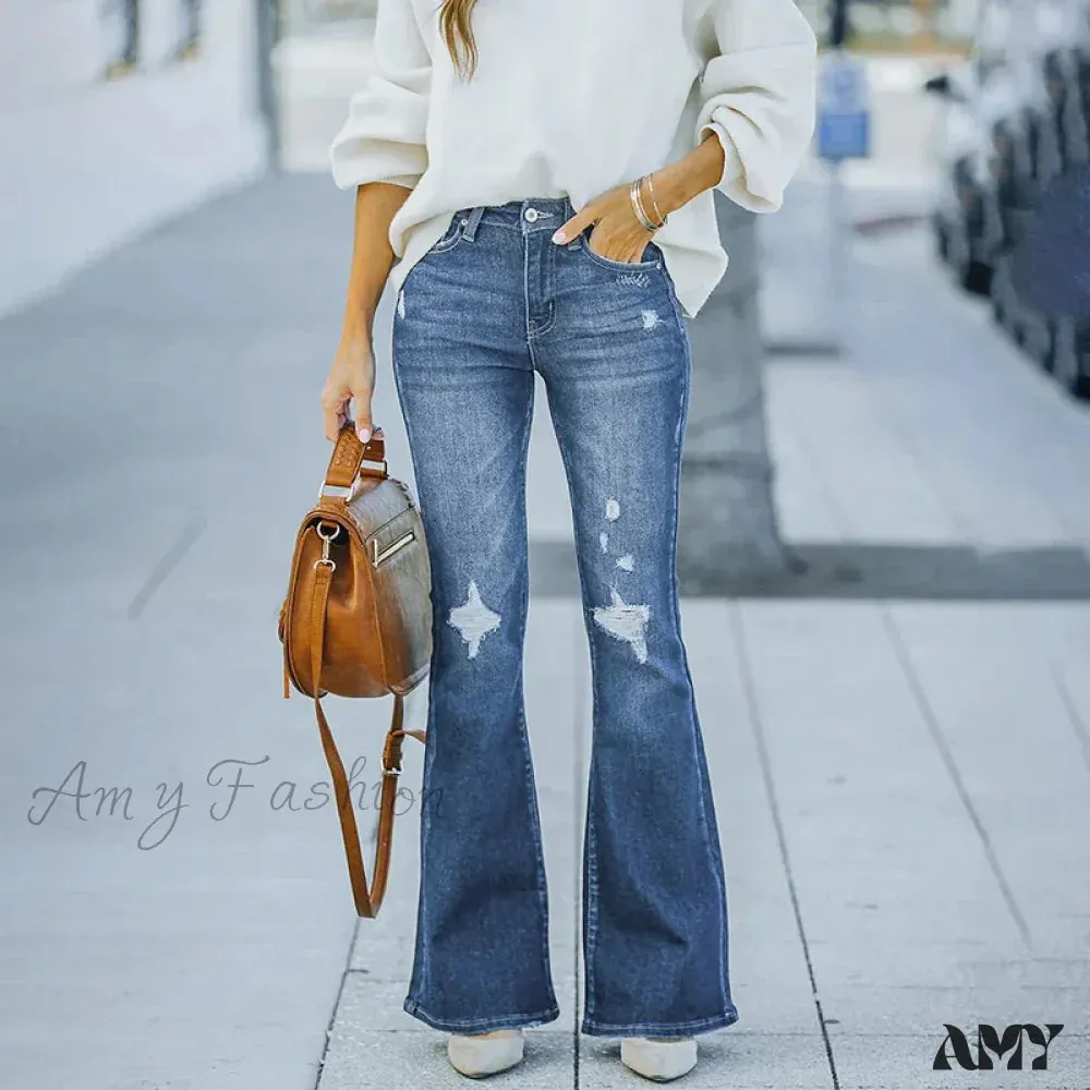 Amy Fashion - Women's Flare Stretch Vintage Fashion Streetwear Ripped Casual High Waist Full Length Slim Jean