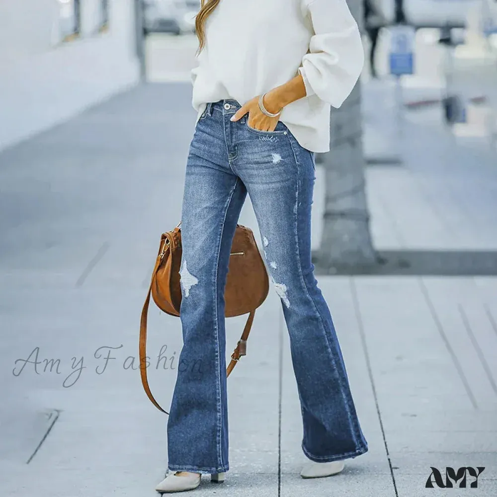 Amy Fashion - Women's Flare Stretch Vintage Fashion Streetwear Ripped Casual High Waist Full Length Slim Jean