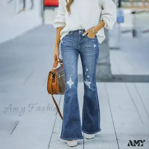Amy Fashion - Women's Flare Stretch Vintage Fashion Streetwear Ripped Casual High Waist Full Length Slim Jean