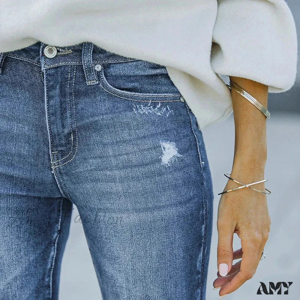 Amy Fashion - Women's Flare Stretch Vintage Fashion Streetwear Ripped Casual High Waist Full Length Slim Jean