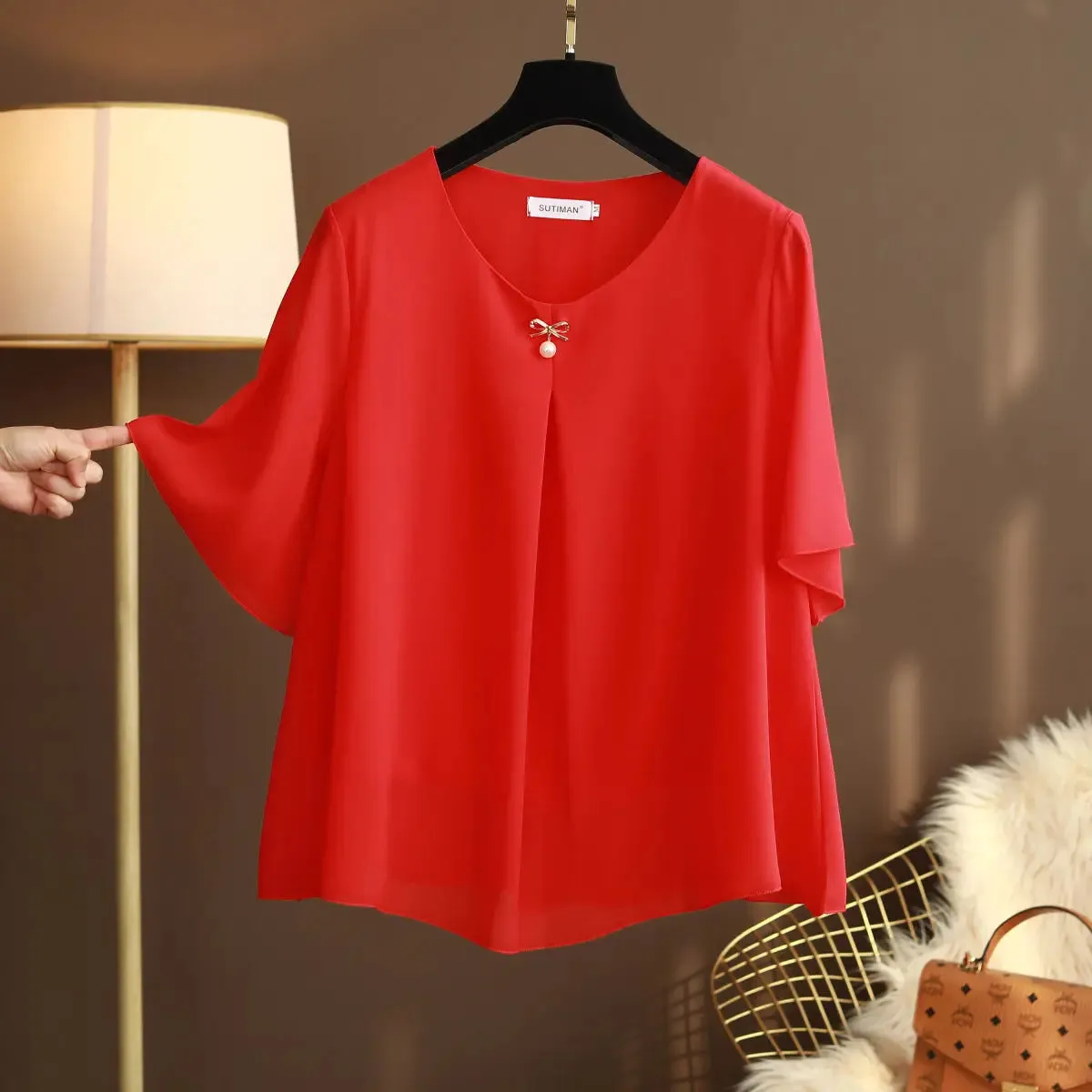 ARWEN AJH 2024 New Summer Obesity Women Chiffon Blouses Oversized 6XL  Short Sleeve Loose Solid O-neck Shirts Tops ARWEN AJH