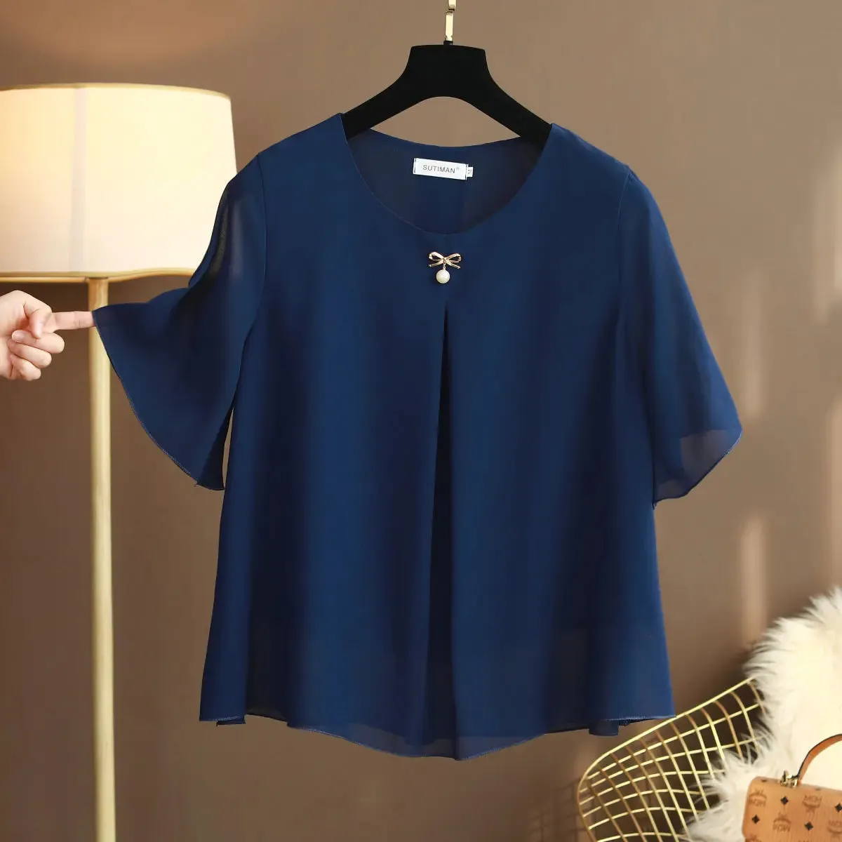 ARWEN AJH 2024 New Summer Obesity Women Chiffon Blouses Oversized 6XL  Short Sleeve Loose Solid O-neck Shirts Tops ARWEN AJH