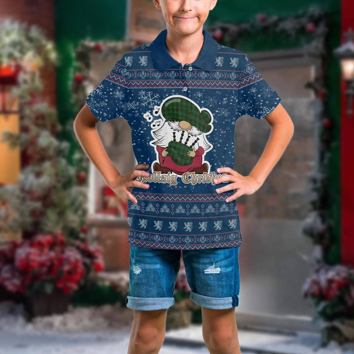 Beveridge Clan Christmas Family Polo Shirt with Funny Gnome Playing Bagpipes