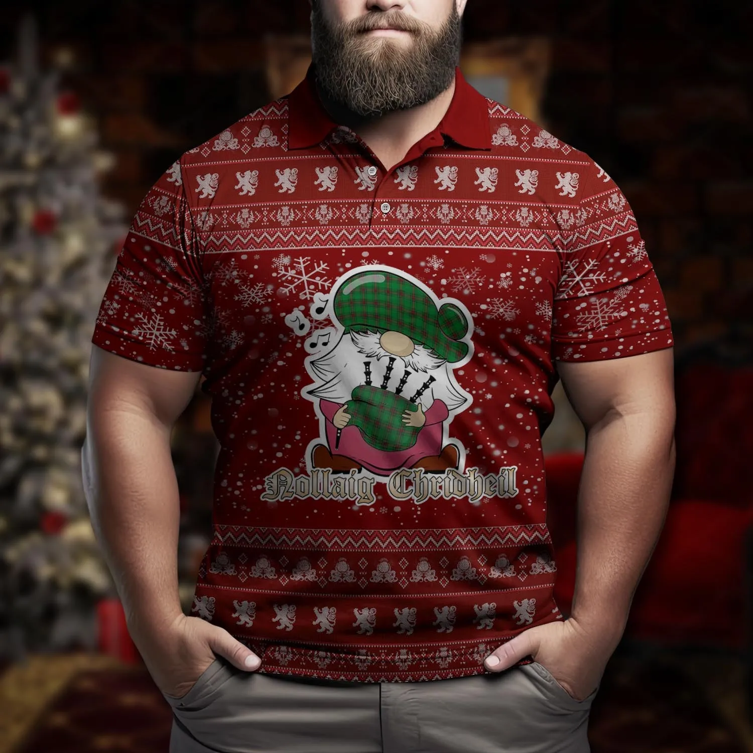 Beveridge Clan Christmas Family Polo Shirt with Funny Gnome Playing Bagpipes