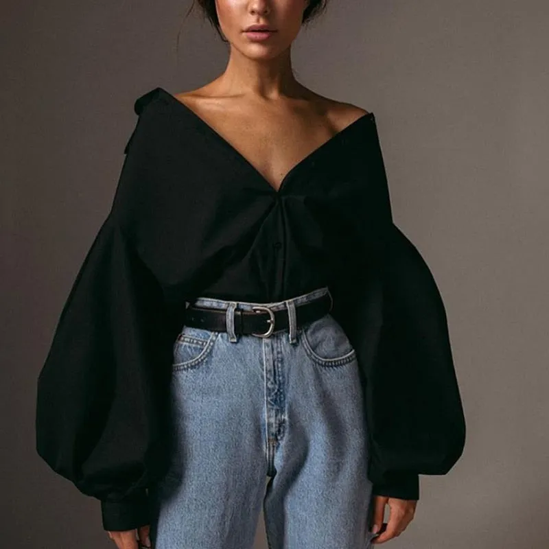 Graduation Gifts   Casual Vintage Sexy Button White Blouse Women Lantern Sleeve Plus Size Loose Women Shirt Cotton Office Ladies Tops Blusas 10903