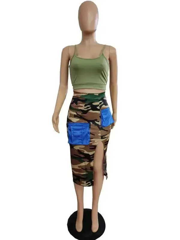 Prowow Fashion Camouflage Print Skirt Set Army Color Tank Tops Two Piece Summer Streetwear Suits New Design Female Clothing Set