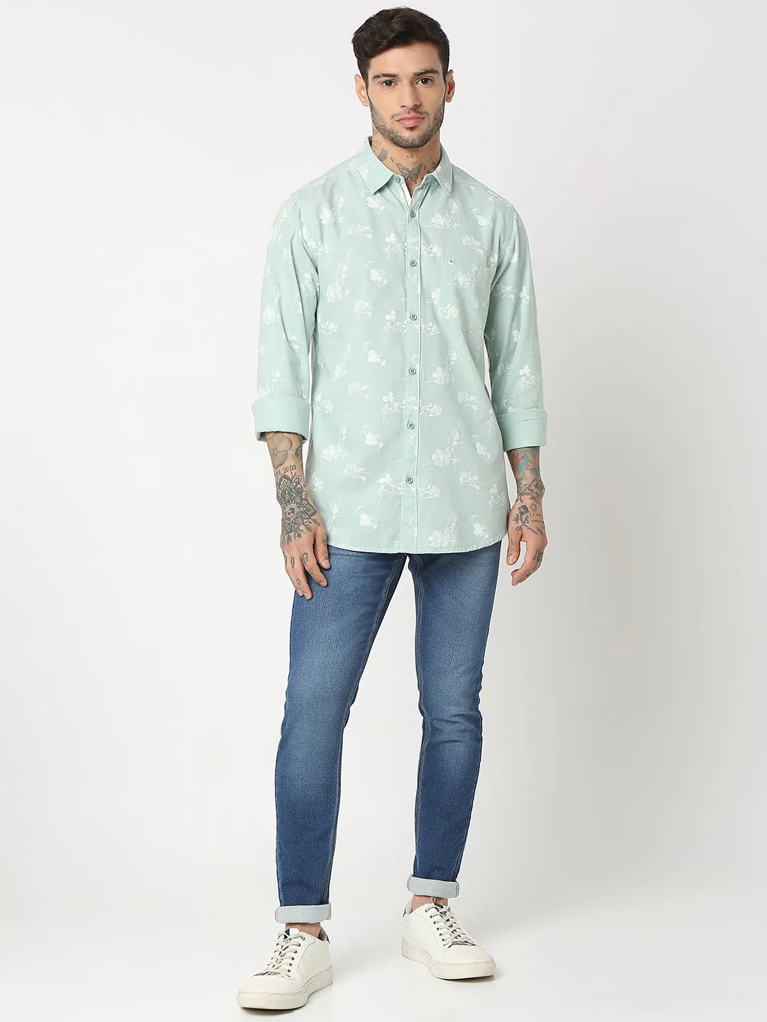 Spykar Men Mint Cotton Slim Fit Printed Shirts