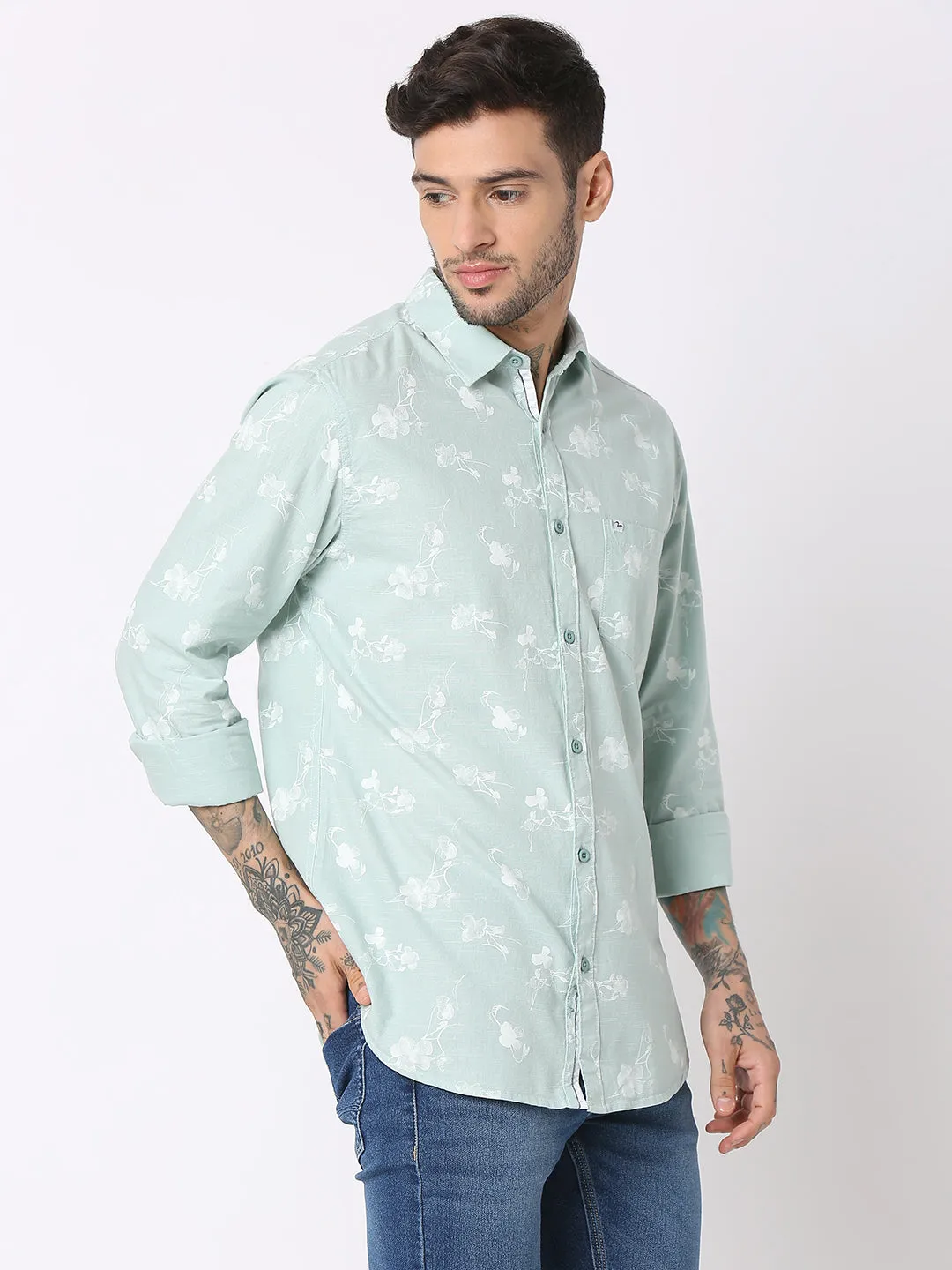 Spykar Men Mint Cotton Slim Fit Printed Shirts