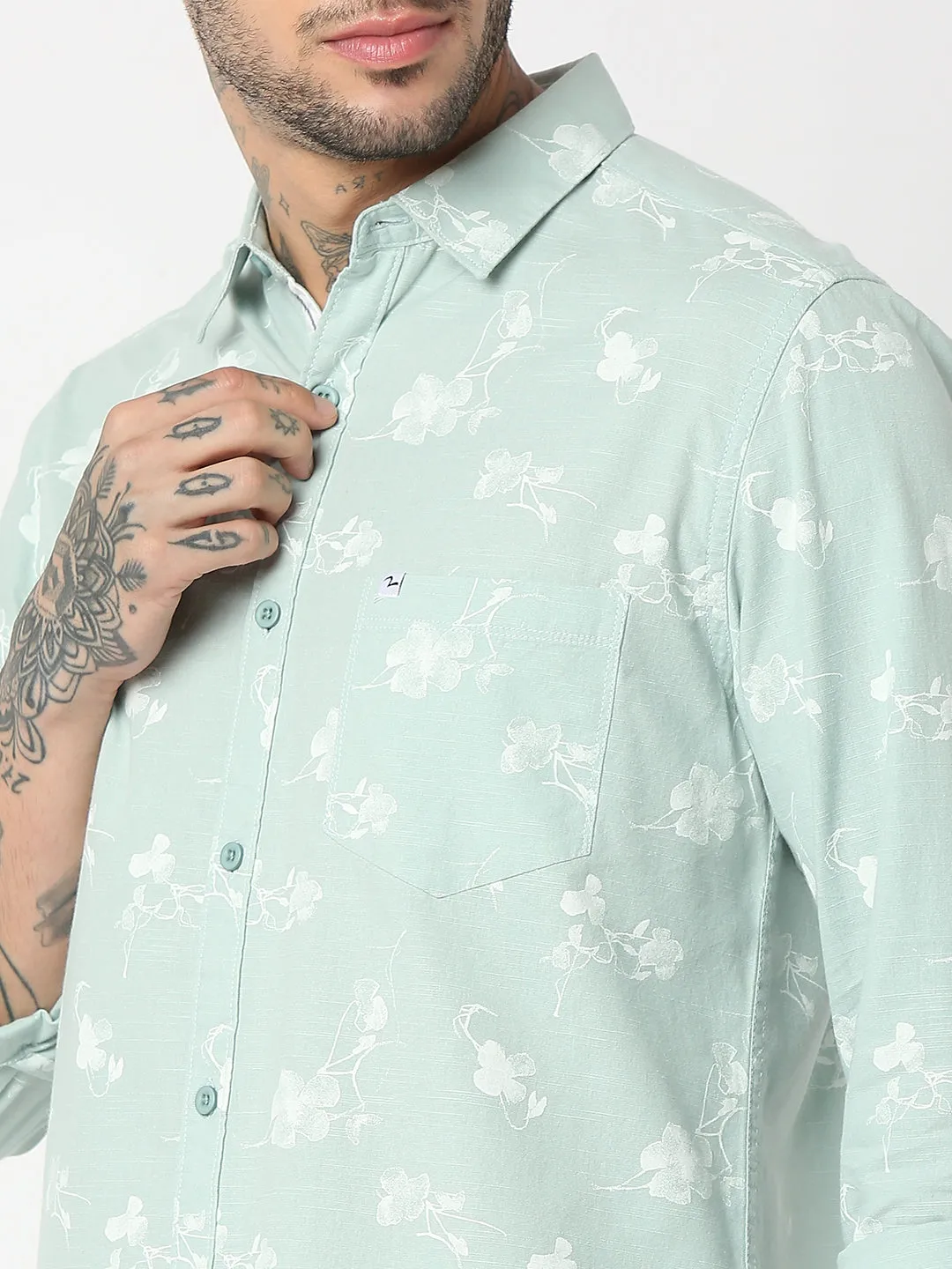 Spykar Men Mint Cotton Slim Fit Printed Shirts