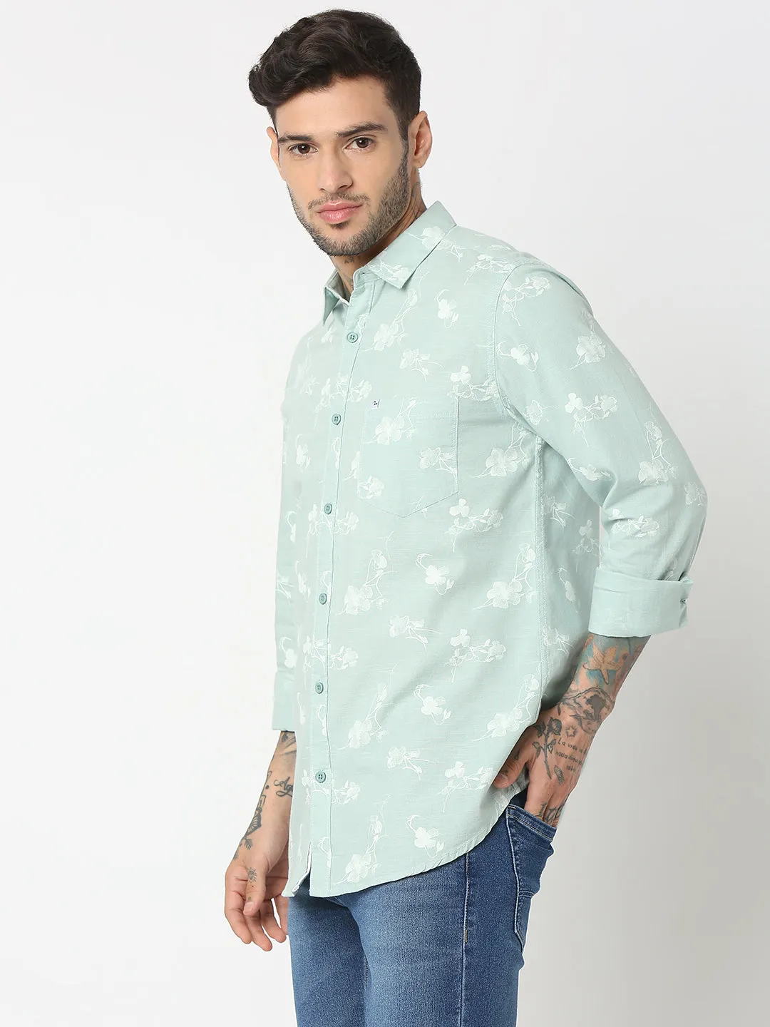Spykar Men Mint Cotton Slim Fit Printed Shirts