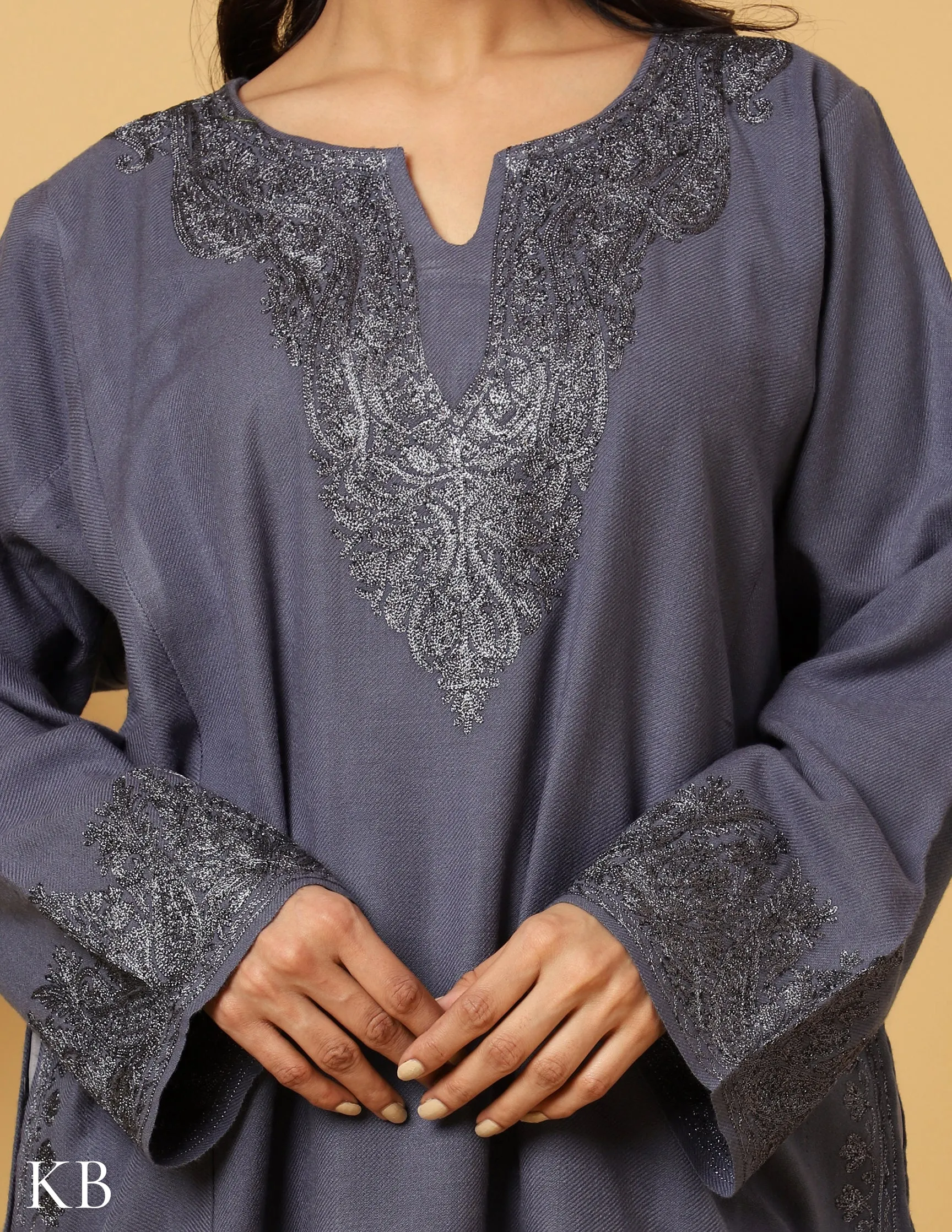 Stone Grey Zari Embroidered Cashmilon Phiran