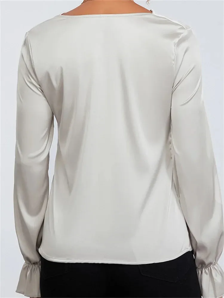 Women's Elegant OL Long Sleeve Solid Color Ruched Low Cut Neck Formal Party Tops Blouse